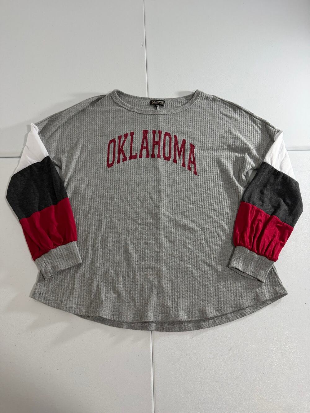 Oklahoma Sooners Waffle Knit Top Womens XXL Gray Colorblock Long Sleeve Boho